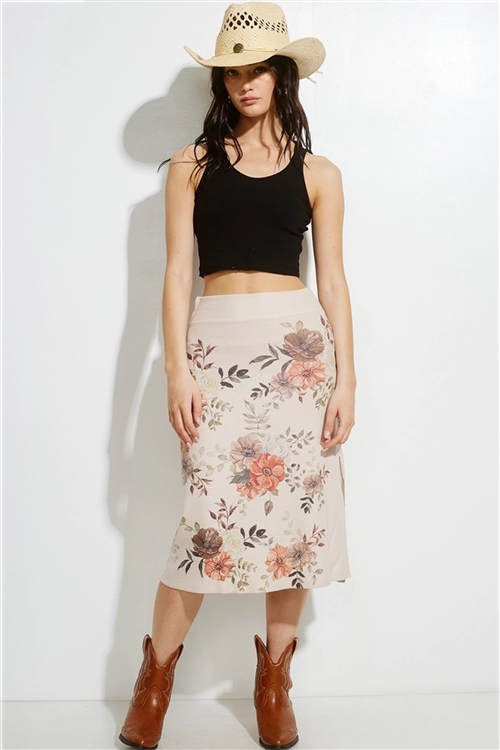 S36-1-1-B163S2078-KHK - WOMENS FLOWER PRINT CASUAL KNIT SLIP PULL ON SKIRT- KHAKI -2-2-2