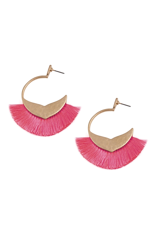 S4-6-1-B1E2123FU - BOHEMIAN INSPIRED TASSEL HOOP EARRINGS - FUCHSIA/6PCS