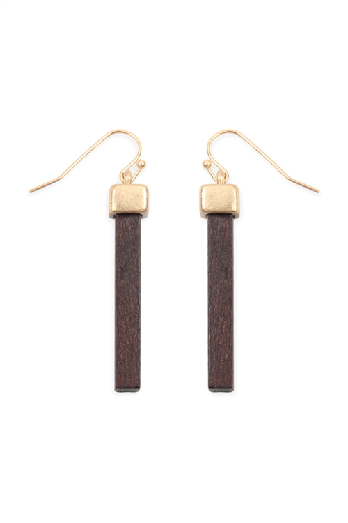 S25-8-2-B2E2004DBRN - WOOD BAR FISH HOOK DROP EARRINGS - DARK BROWN/6PAIRS