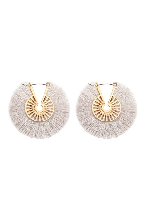 S22-7-3-B2E2039LGRY - FRINGED THREAD HOOP EARRINGS - LIGHT GRAY/6PCS