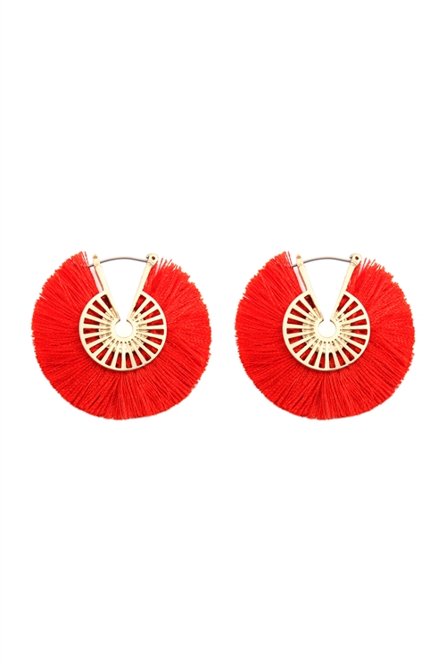 S22-7-3-B2E2039RED -  FRINGED THREAD HOOP EARRINGS - RED/6PCS