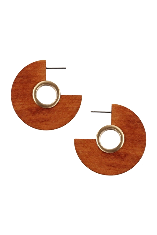 S25-8-5-B2E2260LBRN - ROUND SHAPE SLICED WOOD POST EARRINGS - LIGHT BROWN/1PC