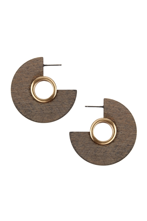 S25-8-5-B2E2260LGRY - ROUND SHAPE SLICED WOOD POST EARRINGS - LIGHT GRAY/1PC