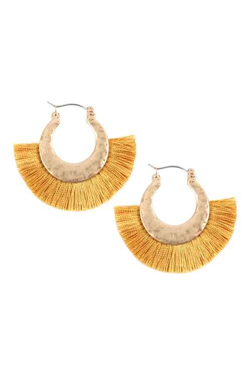 S21-4-3/S22-4-3-B2E2776MST - FAN TASSEL WITH METAL HAMMERED HOOP EARRINGS - MUSTARD/6PAIRS