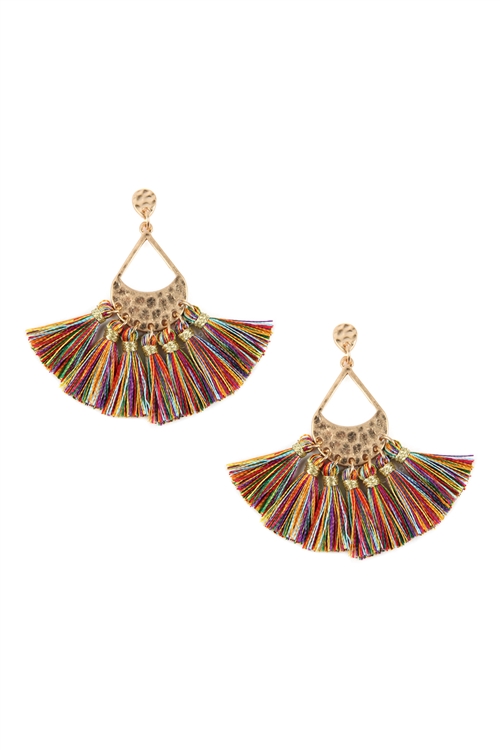 S24-5-4-B2E2778MUL - THREAD TASSEL WITH HAMMERED TEARDROP METAL DROP EARRINGS - MULTICOLOR/6PCS