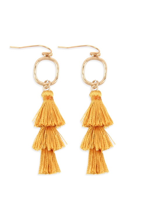 S24-5-4-B2E2779MST - THREE DROP TASSEL WITH METAL HOOK EARRINGS - MUSTARD/6PAIRS