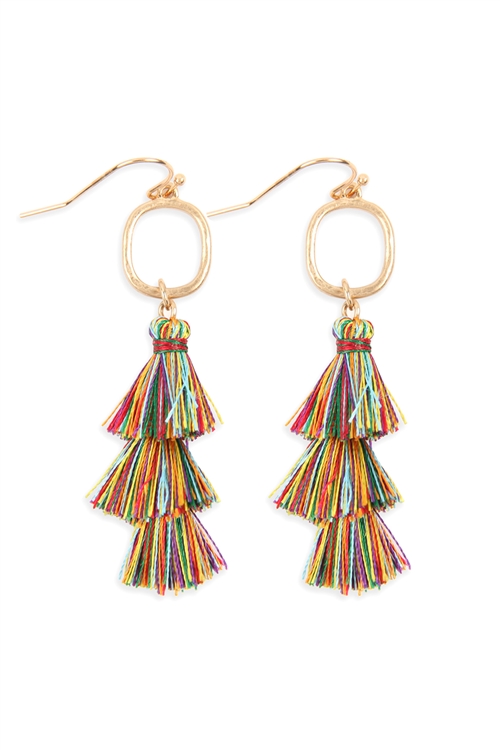 S25-6-4-B2E2779MUL - THREE DROP TASSEL WITH METAL HOOK EARRINGS - MULTICOLOR/6PAIRS