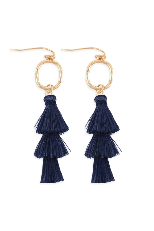 S24-5-4-B2E2779NV - THREE DROP TASSEL WITH METAL HOOK EARRINGS -NAVY/6PAIRS