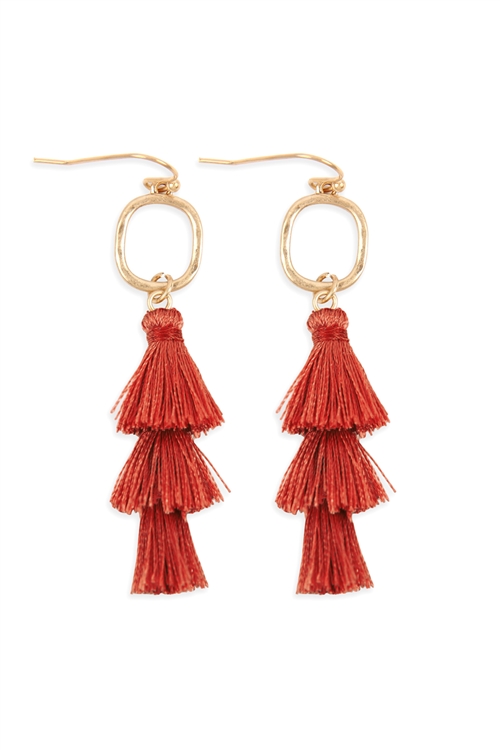 S24-5-4-B2E2779RUST - THREE DROP TASSEL WITH METAL HOOK EARRINGS - RUST/6PAIRS