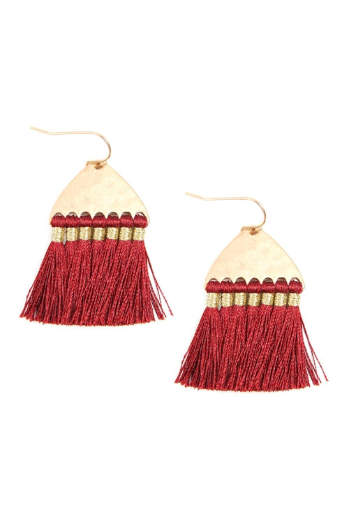 A3-1-2-B2E2783BGD - THREAD TASSEL WITH HAMMERED METAL HOOK EARRINGS - BURGUNDY/1PC