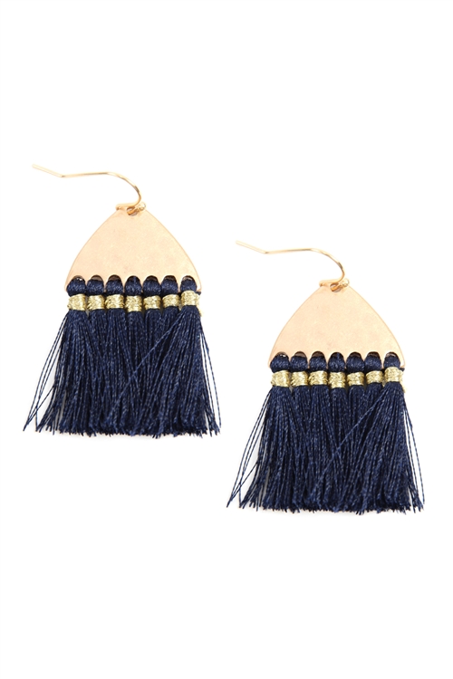 A3-1-2-B2E2783NV - THREAD TASSEL WITH HAMMERED METAL HOOK EARRINGS - NAVY/1PC