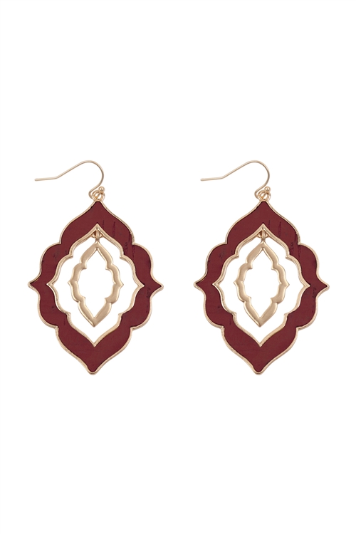 S25-2-2-B3E2201BGD-MOROCCAN SHAPE CAST CORK LINK HOOK EARRINGS-BURGUNDY/6PCS