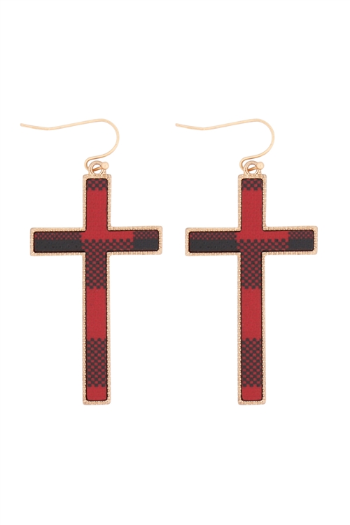 S24-2-4-B4E2417PRED-CROSS SHAPE PU LEATHER HOOK EARRINGS-PLAID RED/6PCS