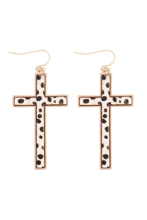 S24-2-4-B4E2417XCHIV-CROSS SHAPE REAL CALF HAIR LEATHER HOOK EARRINGS-CHEETAH IVORY/6PCS