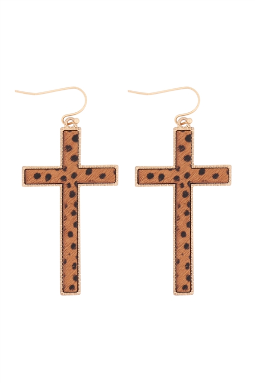 S24-2-4-B4E2417XCHTAN-CROSS SHAPE REAL CALF HAIR LEATHER HOOK EARRINGS-CHEETAH TAN/6PCS