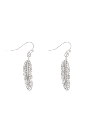 S24-2-4-B4E2434RH-CLR - STONE PAVE METAL FEATHER HOOK EARRINGS-SILVER/1PC (NOW $1.25 ONLY!)