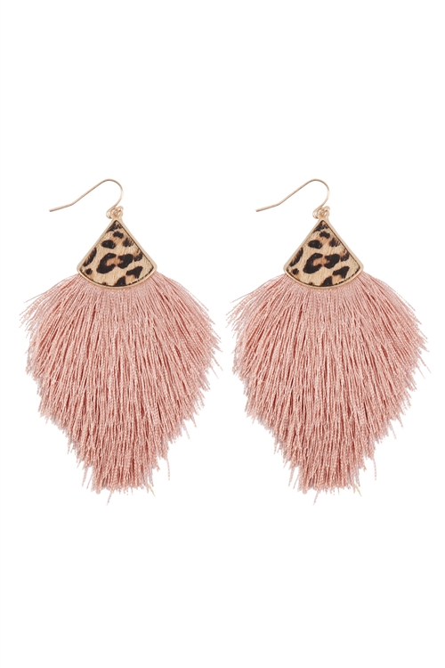 S19-7-4-B4E2441DPK-DUSTY PINK LEOPARD REAL LEATHER TASSEL  HOOK EARRINGS/1PC