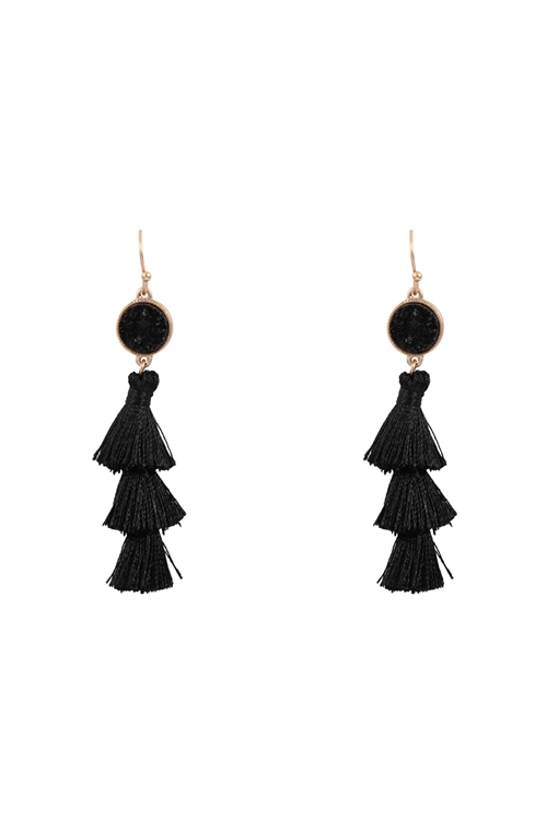 S25-2-2-B4E2467JET-FAUX DRUZY WITH TRIPLE MINI LAYERED TASSEL HOOK EARRINGS-BLACK/6PCS