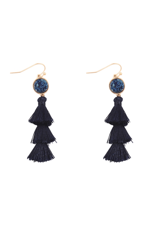 S25-2-2-B4E2467NV-FAUX DRUZY WITH TRIPLE MINI LAYERED TASSEL HOOK EARRINGS-NAVY/6PCS