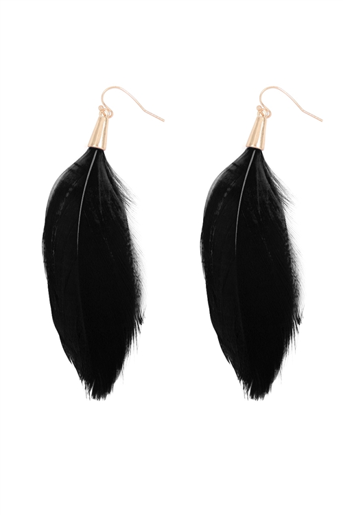 S23-4-4-B4E7002JET-FEATHER TASSEL HOOK EARRINGS-JET BLACK/6PCS