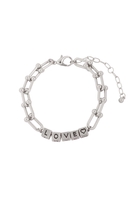 S1-3-1-B5B2177LOVRH -  "LOVE" METAL BLOCK BEAD WITH CHAIN LINK BRACELET  SILVER/6PCS