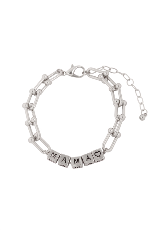 S1-4-4-B5B2177MARH - "MAMA" METAL BLOCK BEAD WITH CHAIN LINK BRACELET - SILVER/6PCS