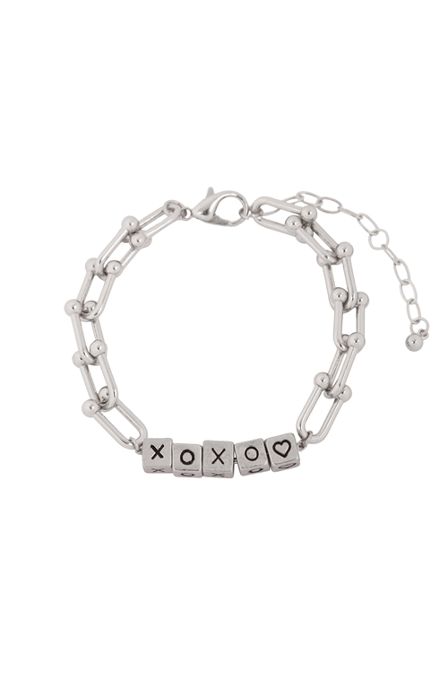 S1-3-1-B5B2177XORH -  "XOXO" METAL BLOCK BEAD WITH CHAIN LINK BRACELET  - SILVER/6PCS