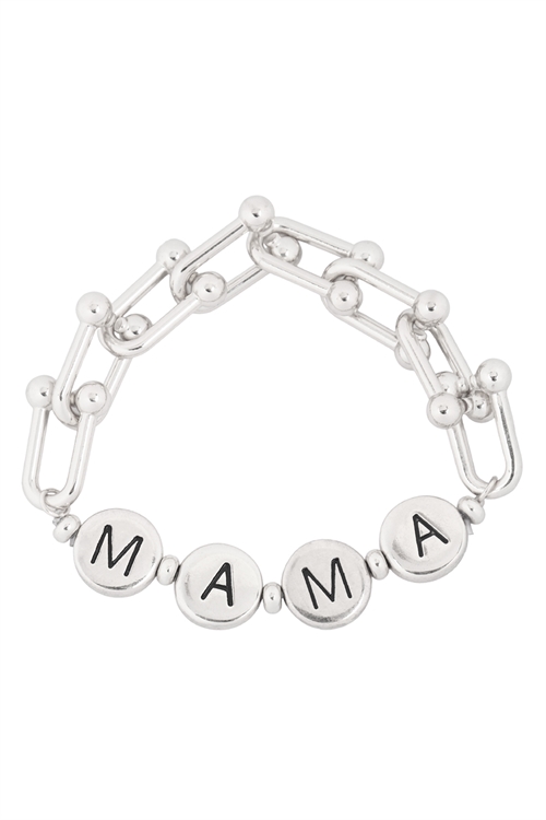 S1-6-2-B5B2178MARH - "MAMA" LETTER METAL W/ LINK CHAIN STRETCH BRACELET - SILVER/6PCS