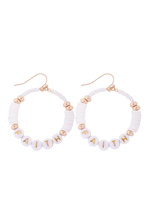 S1-6-4-B5E2182FAIV - "FAITH" LETTER WITH RUBBER BEAD HOOK EARRINGS - IVORY/6PCS