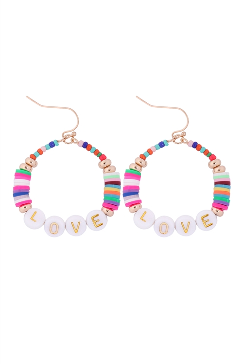 S1-4-4-B5E2182LOVMUL - "LOVE" LETTER WITH RUBBER BEAD HOOK EARRINGS - MULTICOLOR/6PCS