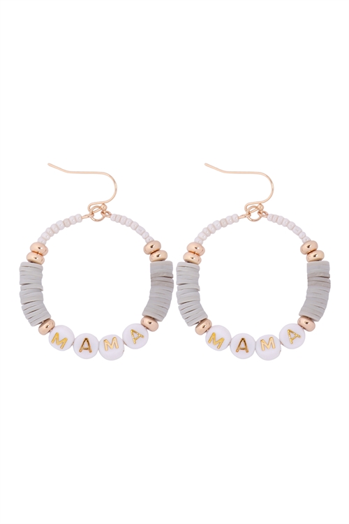 S1-6-3-B5E2182MALGRY - "MAMA" LETTER WITH RUBBER BEAD HOOK EARRINGS - LIGHT GRAY/6PCS