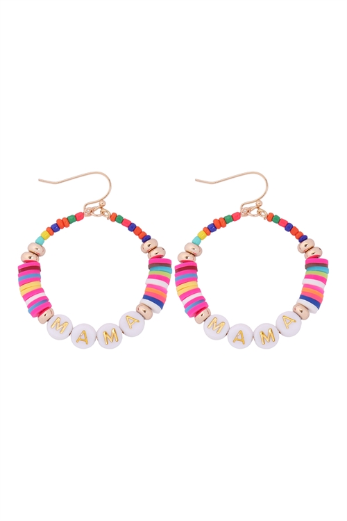 S1-6-3-B5E2182MAMUL - "MAMA" LETTER WITH RUBBER BEAD HOOK EARRINGS - MULTICOLOR/6PCS