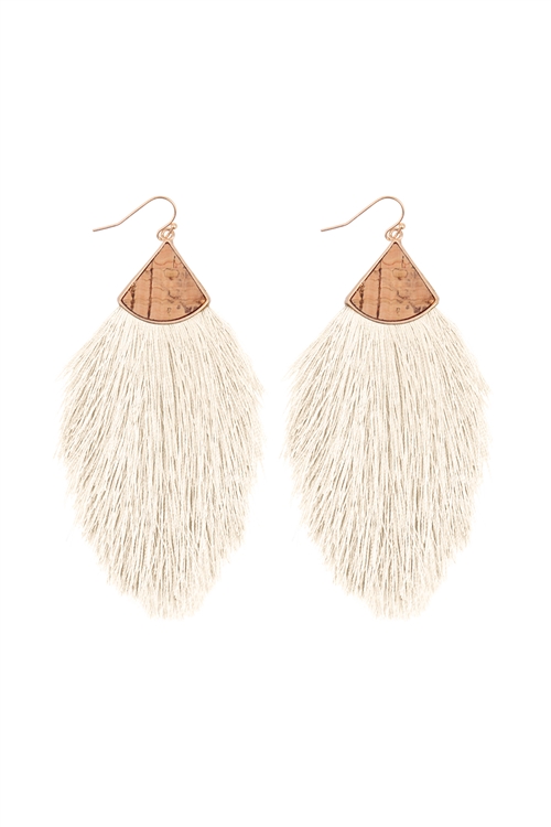 S1-4-2-B5E2238IV - CORK W/ FRINGE THREAD DROP HOOK EARRINGS-IVORY/6PCS