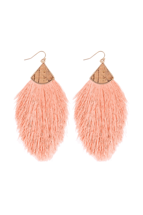 S1-6-2-B5E2238PH - CORK W/ FRINGE THREAD DROP HOOK EARRINGS-PEACH/6PCS