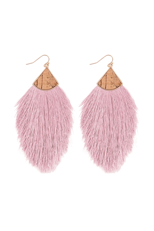 S1-4-2-B5E2238PKLAV - CORK W/ FRINGE THREAD DROP HOOK EARRINGS-PINK LAVENDER/6PCS