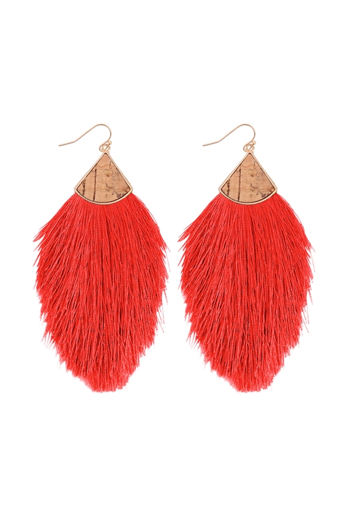 S1-4-4-B5E2238RED - CORK W/ FRINGE THREAD DROP HOOK EARRINGS-RED/6PCS