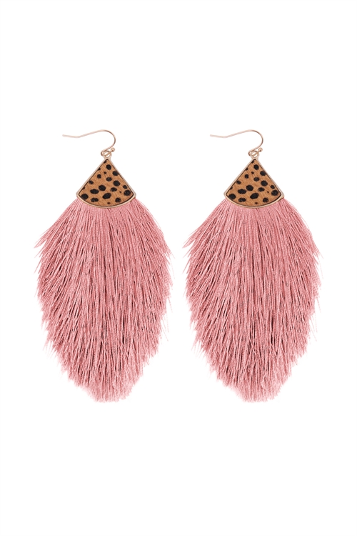 S1-3-1-B5E2239DPK - REAL CALF CHEETAH HAIR PRINT W/ FEATHER SHAPED THREAD TASSEL EARRINGS - DUSTY PINK/6PCS