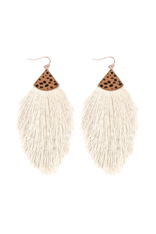 S1-3-1-B5E2239IV - REAL CALF CHEETAH HAIR PRINT W/ FEATHER SHAPED THREAD TASSEL EARRINGS - IVORY/6PCS