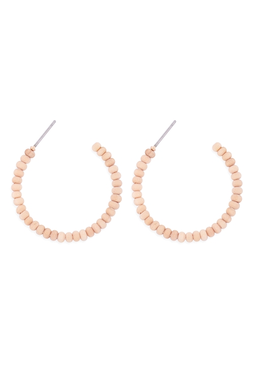 S1-1-5-B5E2263-1IV - ROUND SHAPE BEADED WOOD HOOP EARRINGS - IVORY/6PCS