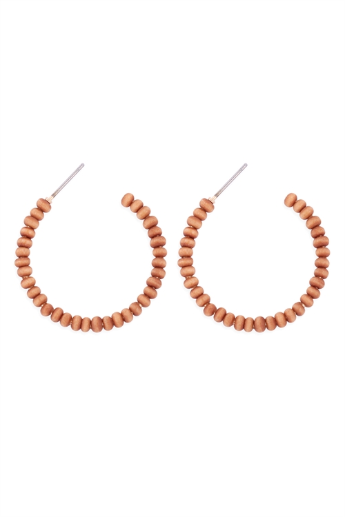 S1-1-5-B5E2263-1LBRN - ROUND SHAPE BEADED WOOD HOOP EARRINGS - LIGHT BROWN/6PCS