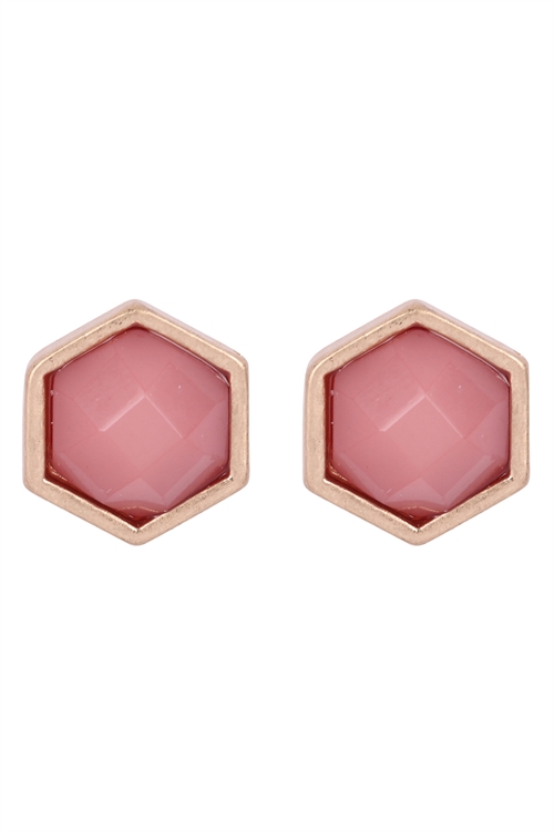 S1-1-5-B5E2372DPK - HEXAGON SHAPE FAUX STONE POST EARRINGS - DUSTY PINK/6PCS