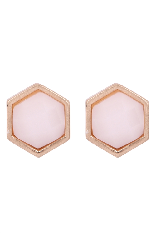 S1-1-5-B5E2372IV - HEXAGON SHAPE FAUX STONE POST EARRINGS - IVOLRY/6PCS