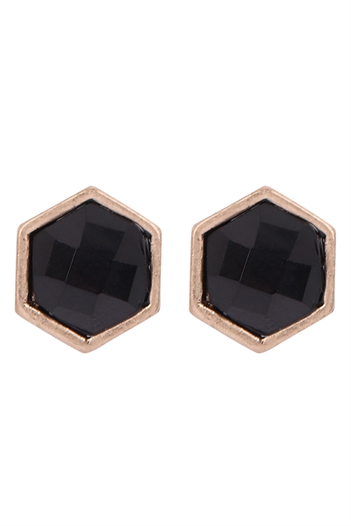 S1-1-5-B5E2372JET - HEXAGON SHAPE FAUX STONE POST EARRINGS - BLACK/6PCS