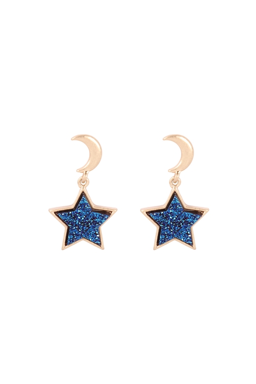 A3-3-3-B5E2555NV - MOON DANGLING STAR  DRUZY POST EARRINGS - NAVY/6PCS (NOW $2.00 ONLY!)