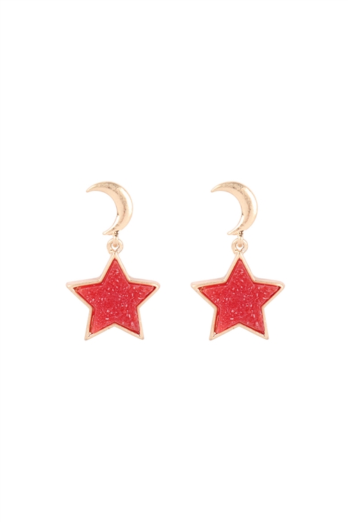 A3-3-3-B5E2555RED - MOON DANGLING STAR  DRUZY POST EARRINGS - RED/6PCS (NOW $2.00 ONLY!)