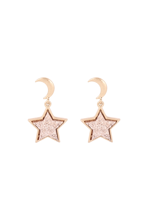 A2-1-2-B5E2555RG - MOON DANGLING STAR  DRUZY POST EARRINGS - ROSE GOLD/6PCS