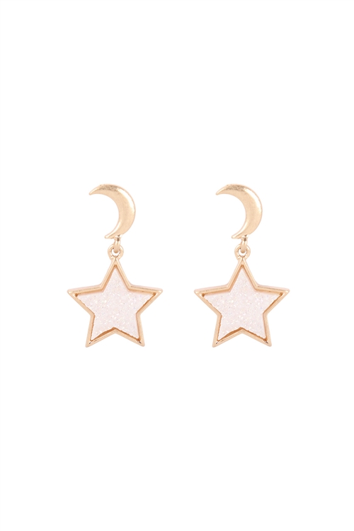 A2-1-2-B5E2555WHTAB - MOON DANGLING STAR  DRUZY POST EARRINGS - WHITE AB/6PCS (NOW $2.00 ONLY!)