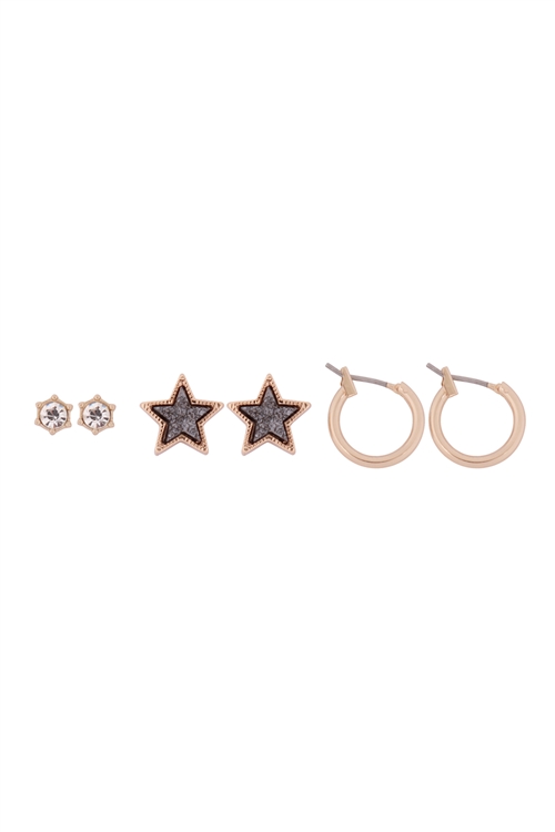 S1-1-3-B5ES2253HEM -  3 SET CUBIC ZIRCONIA, DRUZY STAR,  HUGGIE EARRINGS - HEMATITE/6PCS (NOW $1.25 ONLY!)