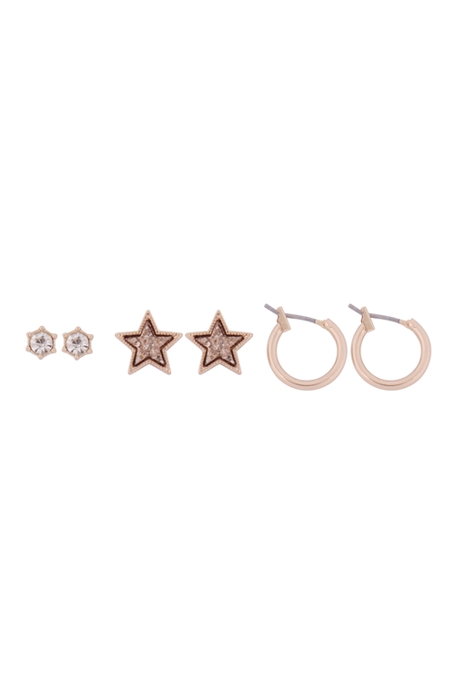 S1-1-3-B5ES2253RG - 3 SET CUBIC ZIRCONIA, DRUZY STAR,  HUGGIE EARRINGS - ROSE GOLD/6PCS (NOW $1.25 ONLY!)