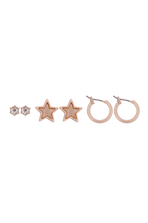 S1-1-3-B5ES2253WHT - 3 SET CUBIC ZIRCONIA, DRUZY STAR,  HUGGIE EARRINGS - WHITE/6PCS (NOW $1.25 ONLY!)